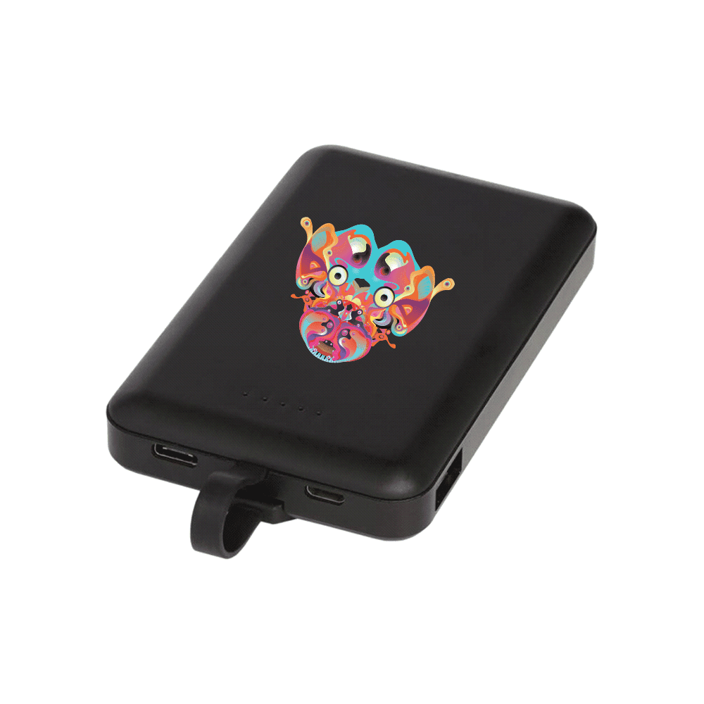 A black wireless power bank featuring a colourful graphic design on the front and a cable attachment.