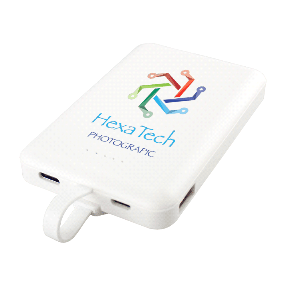 A white wireless power bank featuring a colourful logo and a 3-in-1 cable for charging devices.