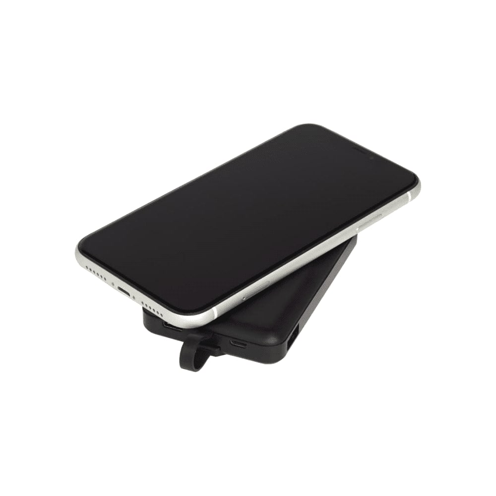 A black wireless power bank with a smartphone on top, featuring a built-in cable.