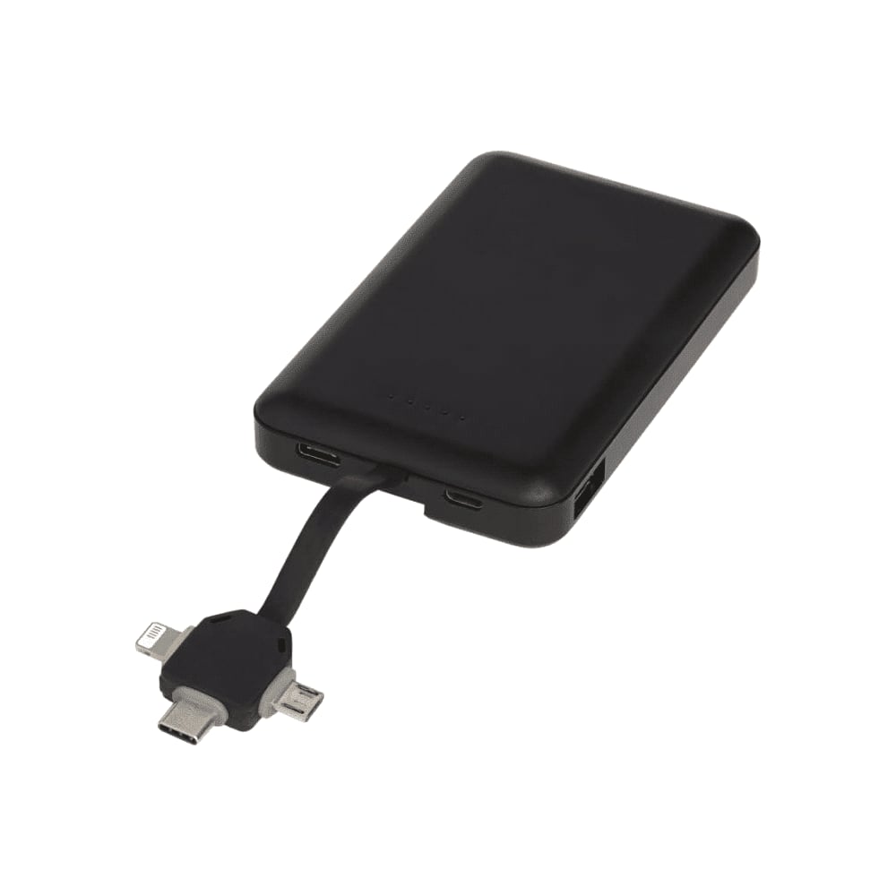 A black 5000 mAh wireless power bank with a retractable 3-in-1 charging cable and a logo.