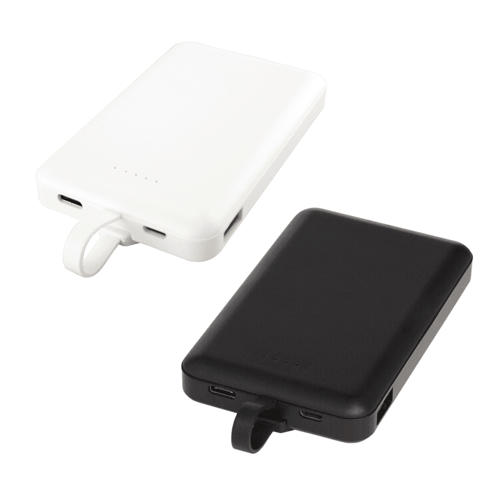 A wireless power bank in white and black, featuring multiple charging ports and a built-in cable.