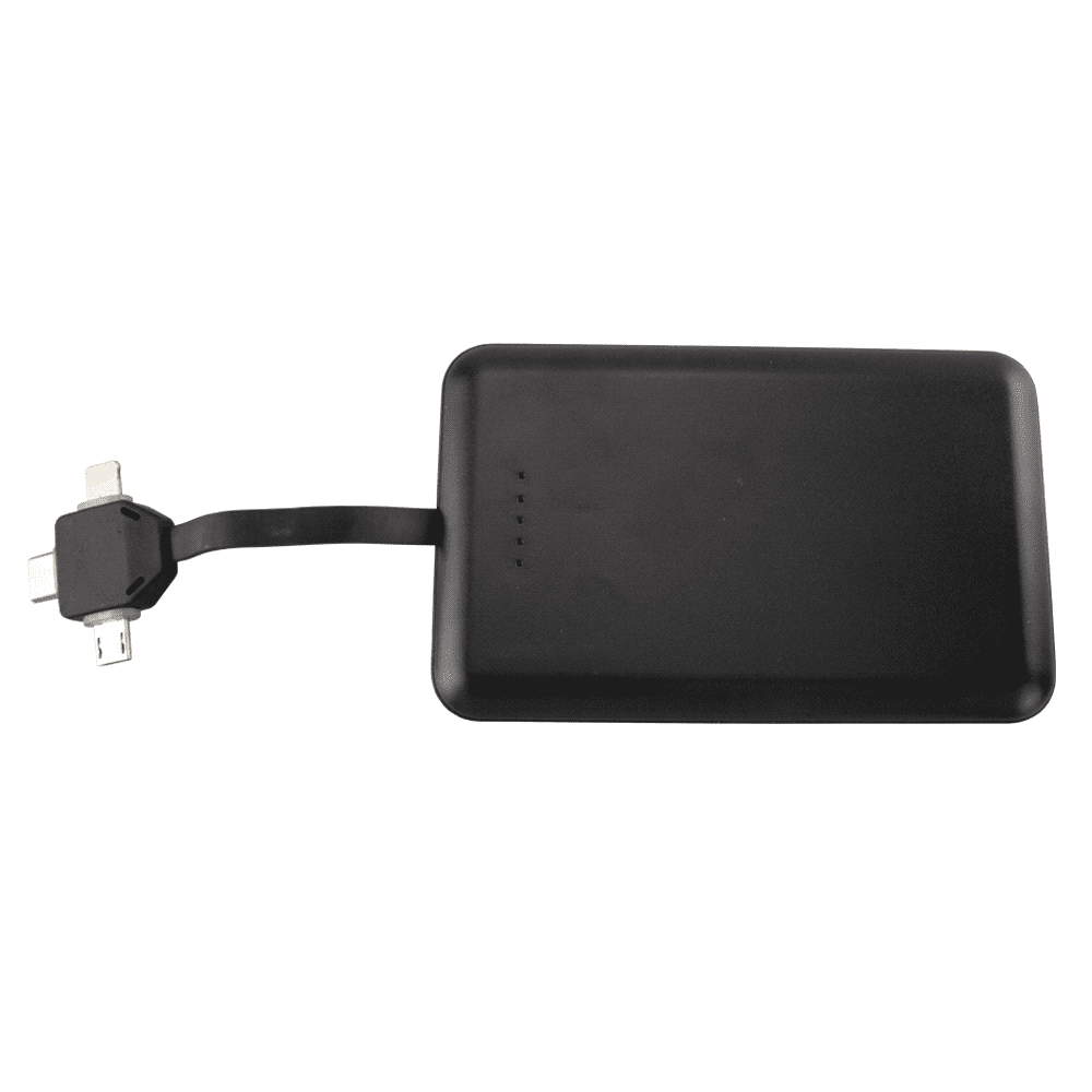 A black wireless power bank with a built-in 3-in-1 charging cable, featuring indicator lights and a logo.