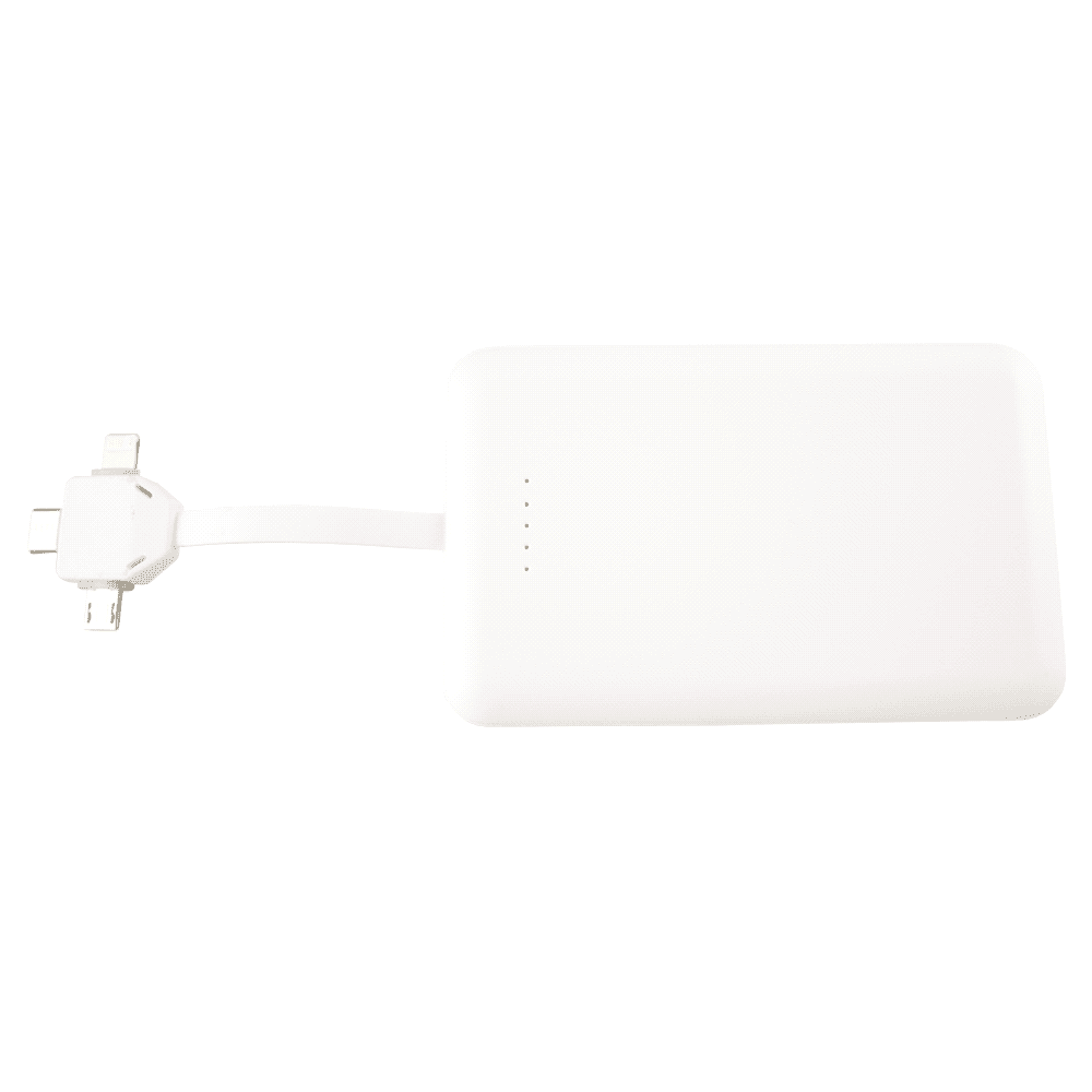 A white 5000 mAh wireless power bank with a built-in 3-in-1 charging cable and a branding logo on the surface.