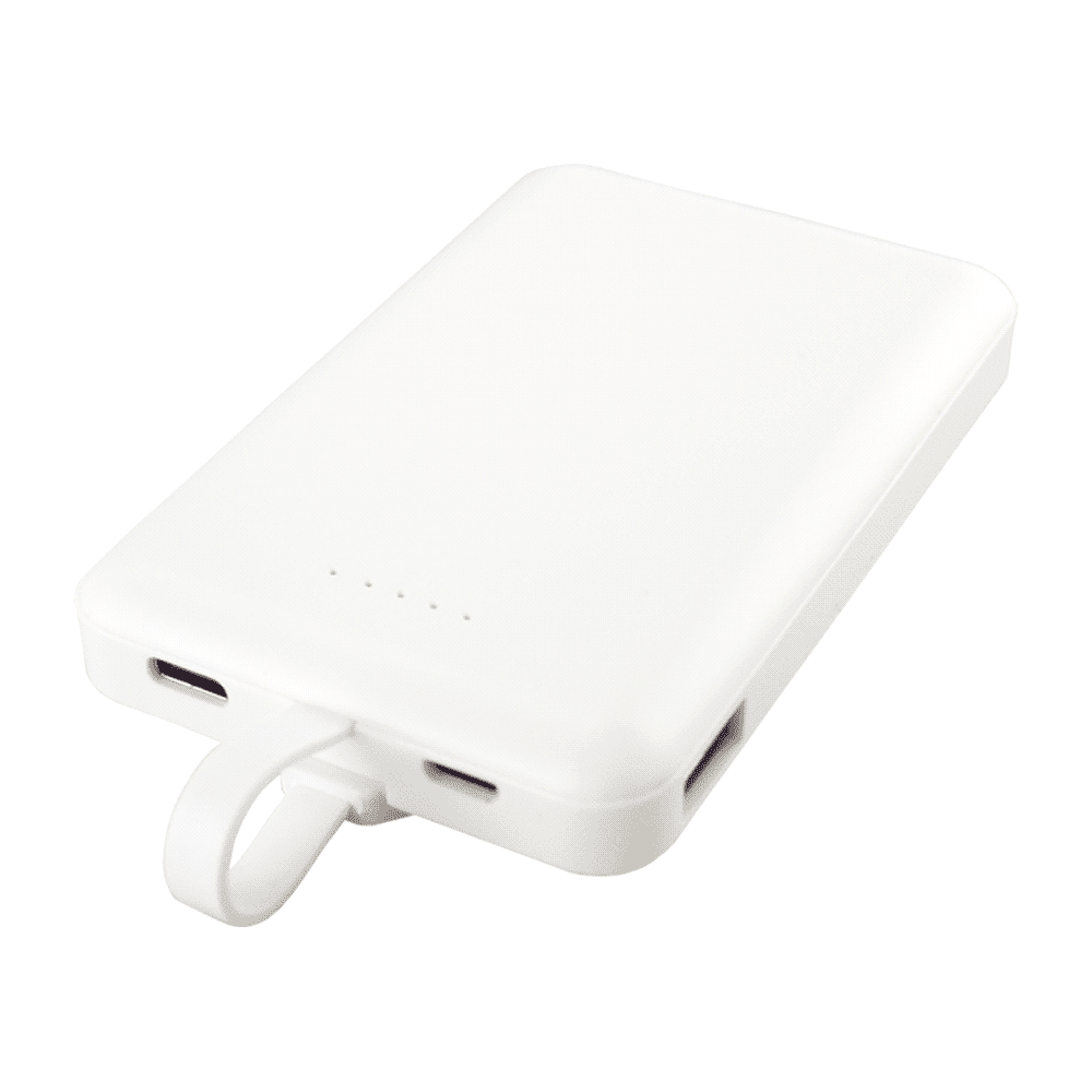 A white power bank featuring a 3-in-1 cable with multiple charging ports and a small built-in loop.