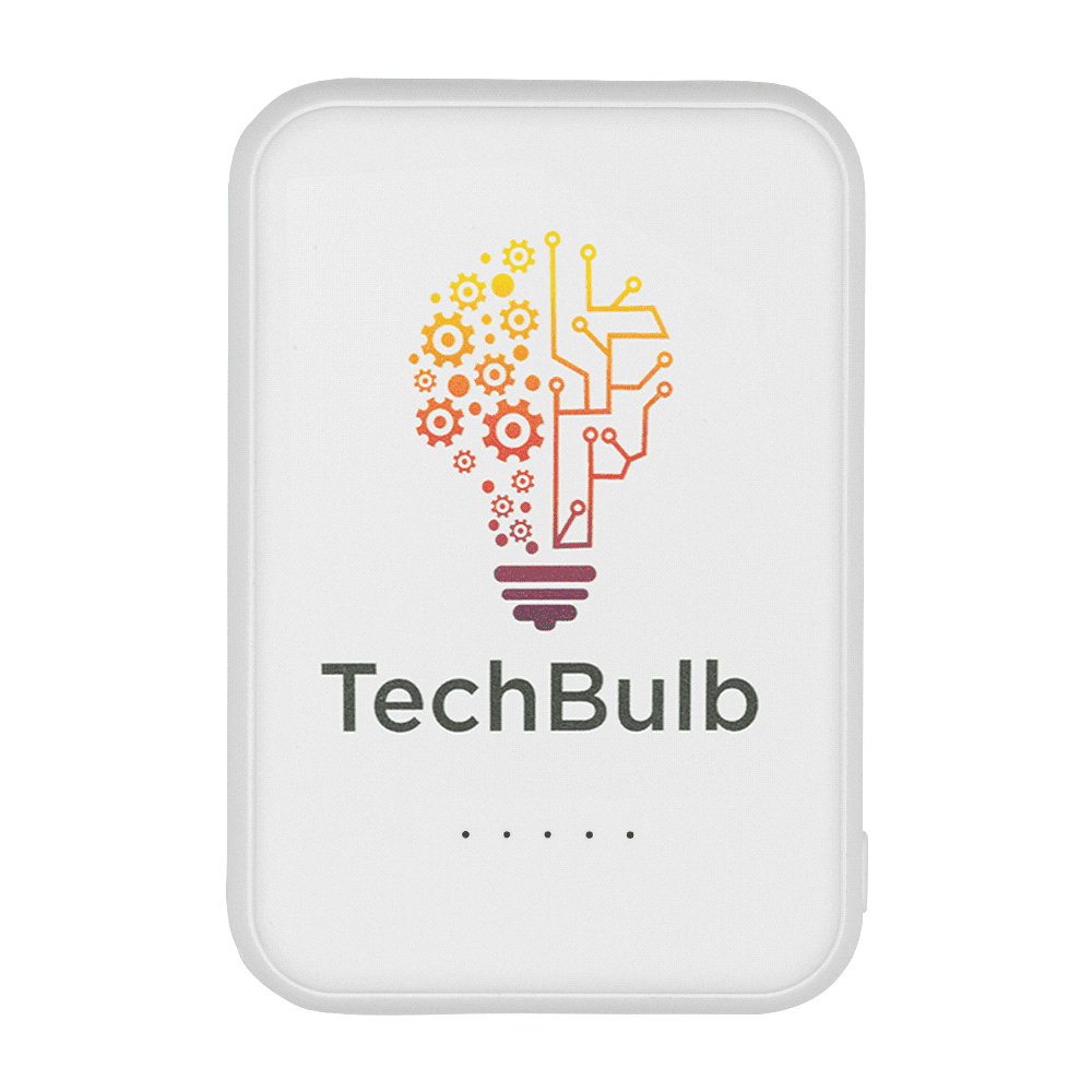 A white magnetic power bank with a grey centre, a blue ring, and a white USB-C cable beside it.