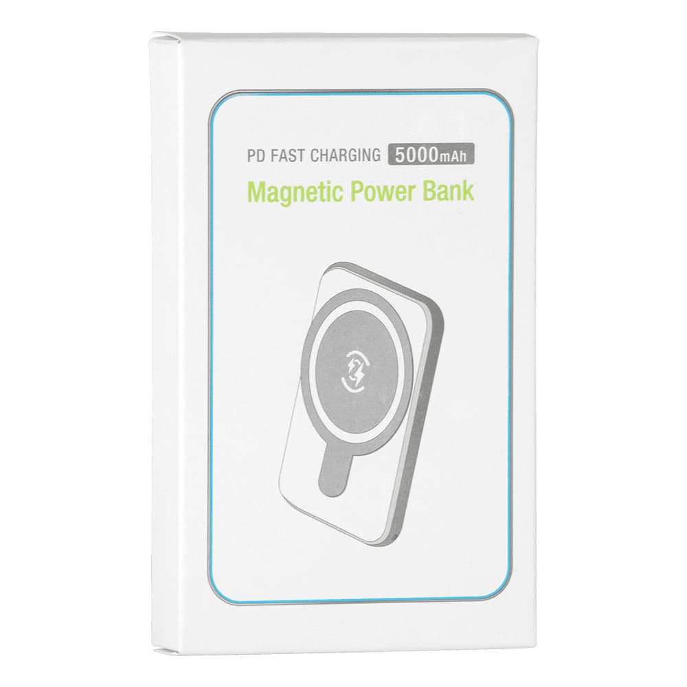 A white box containing a magnetic power bank, featuring a simple design and a basic illustration.