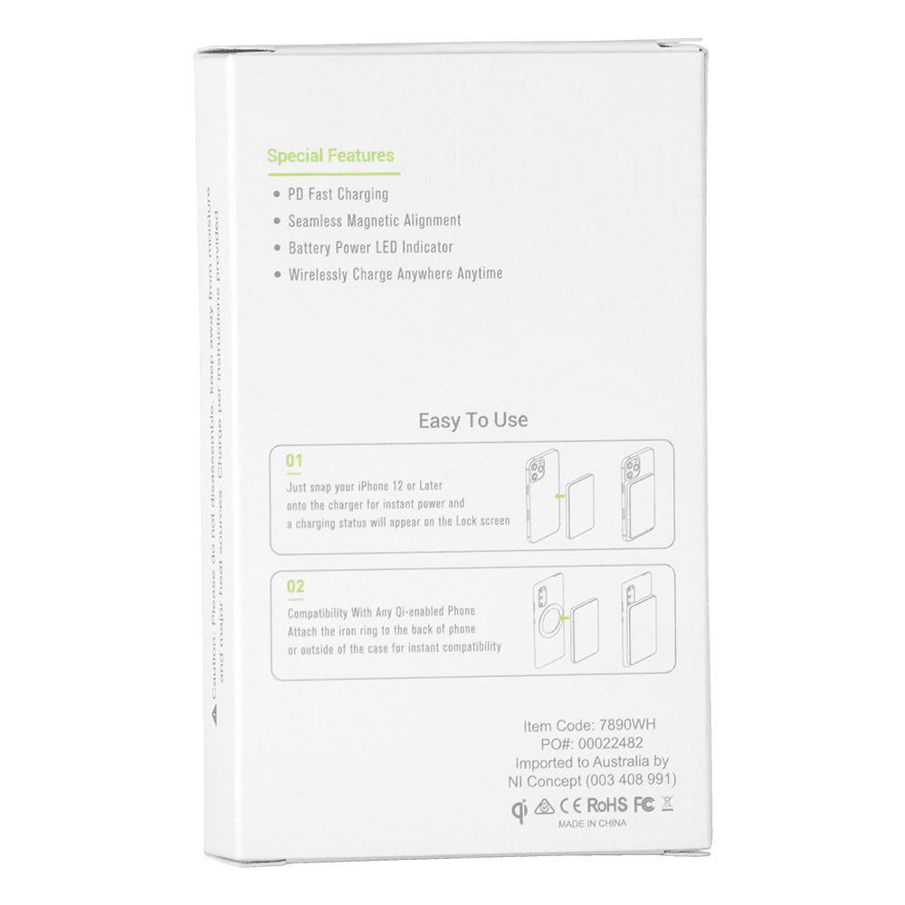 A white box containing the Magnetic Power Bank 5000 mAh, featuring fast charging and a battery level indicator.
