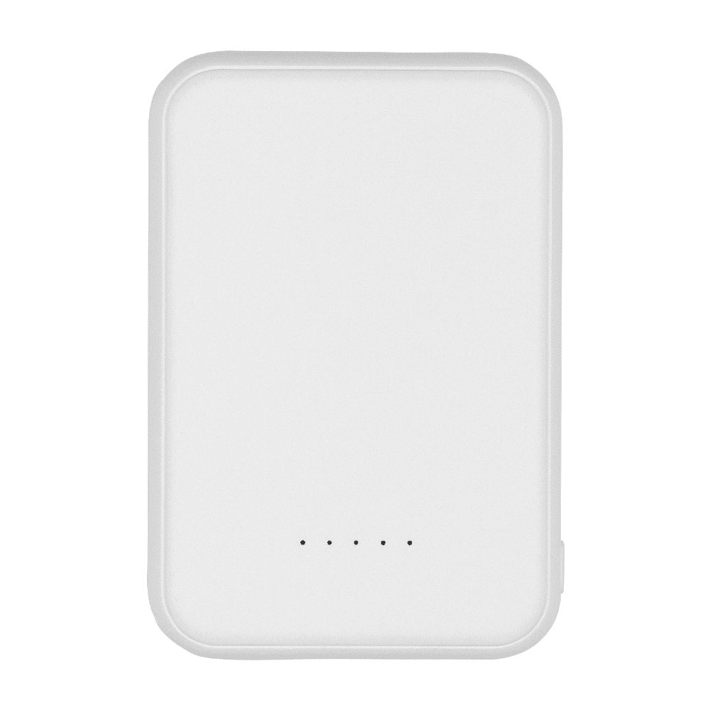 A white magnetic power bank positioned next to a smartphone, showcasing its charging capability.