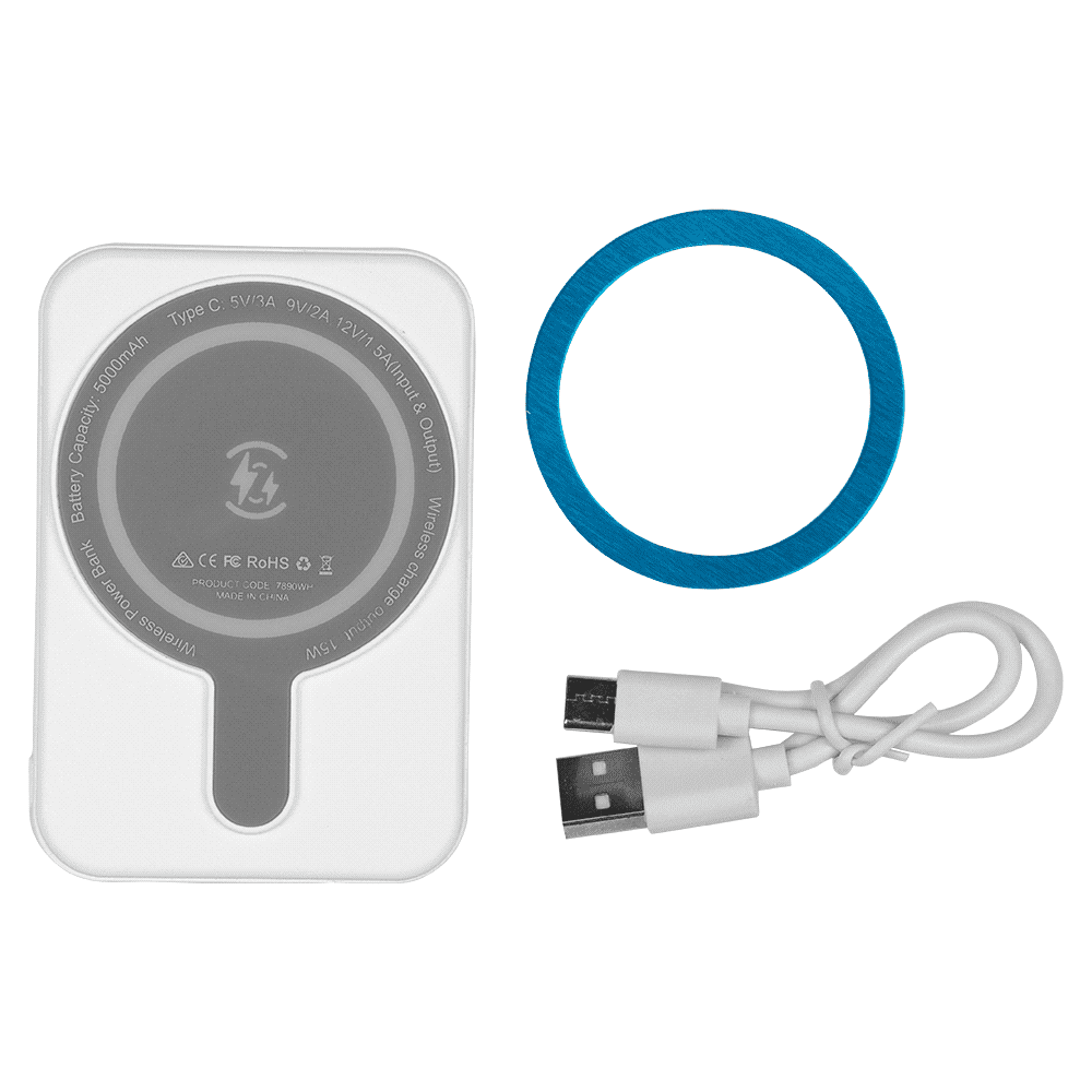 A white magnetic power bank with a sleek design and four indicator lights. It has a branding logo on the surface.