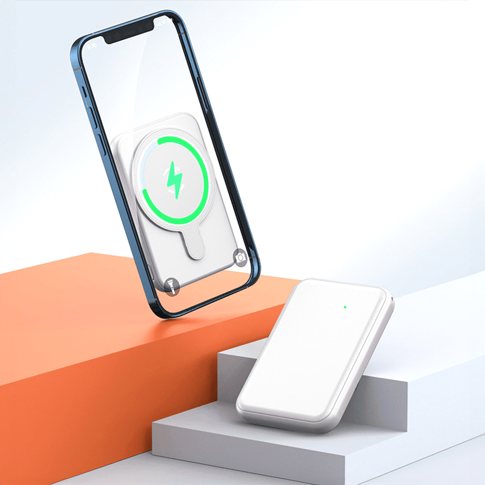 A white magnetic power bank with a circular charging area and a USB-C port, featuring a logo on the surface.