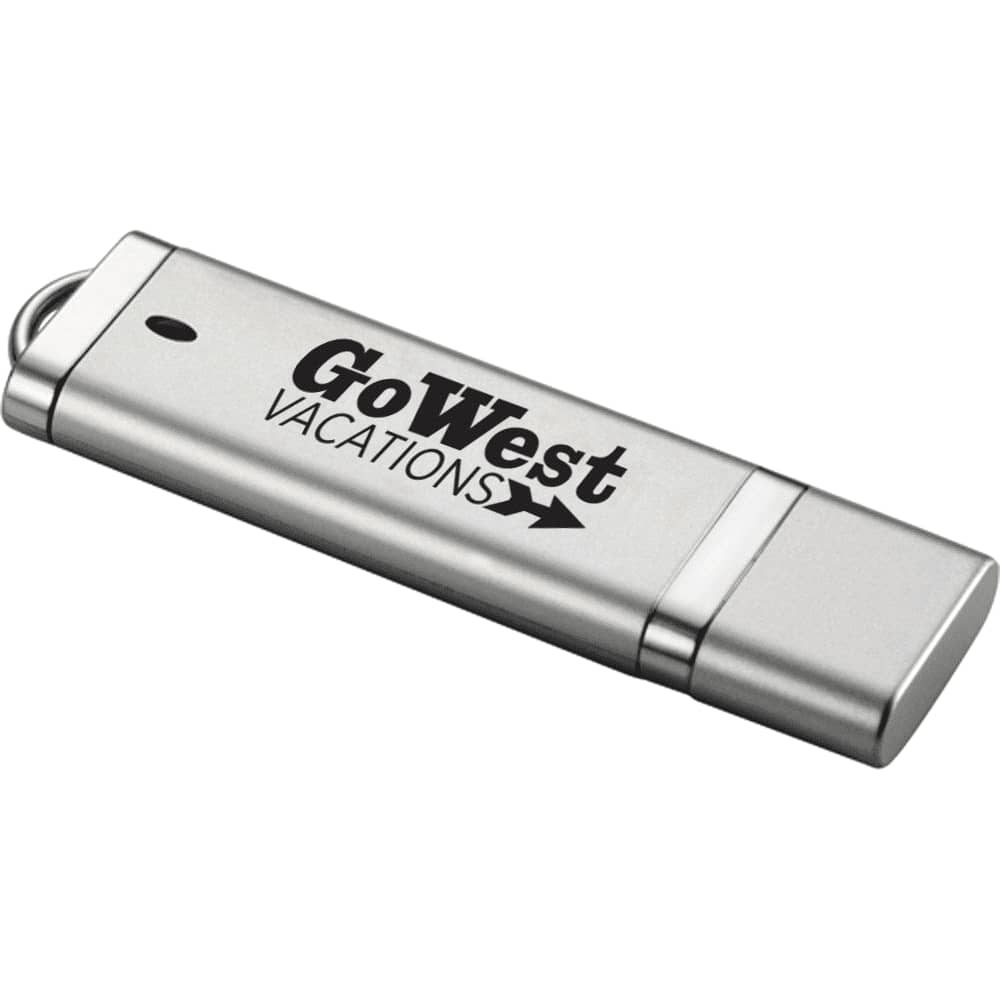 A silver USB flash drive with a logo, featuring a sleek design and removable cap.