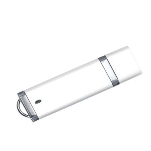 A white USB flash drive with a silver accent and a keyring attachment, featuring a branding logo.