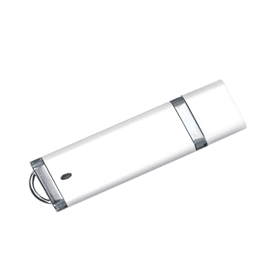 A white USB flash drive with a silver accent and a keyring attachment, featuring a branding logo.