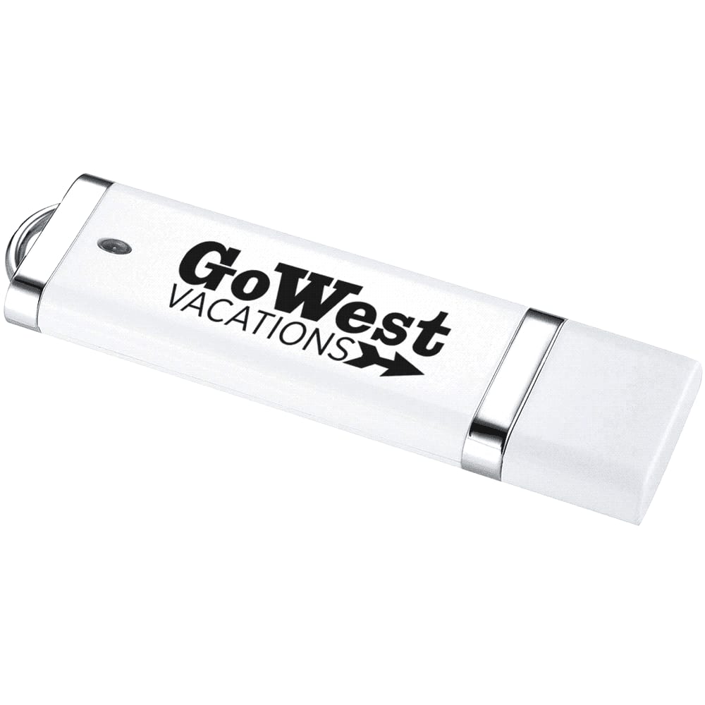 A white USB flash drive with a silver trim and a logo. It's designed for storage with a sleek appearance.