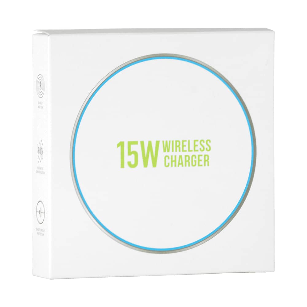A white box containing a wireless charger with a circular design and a light blue rim. The box features branding.