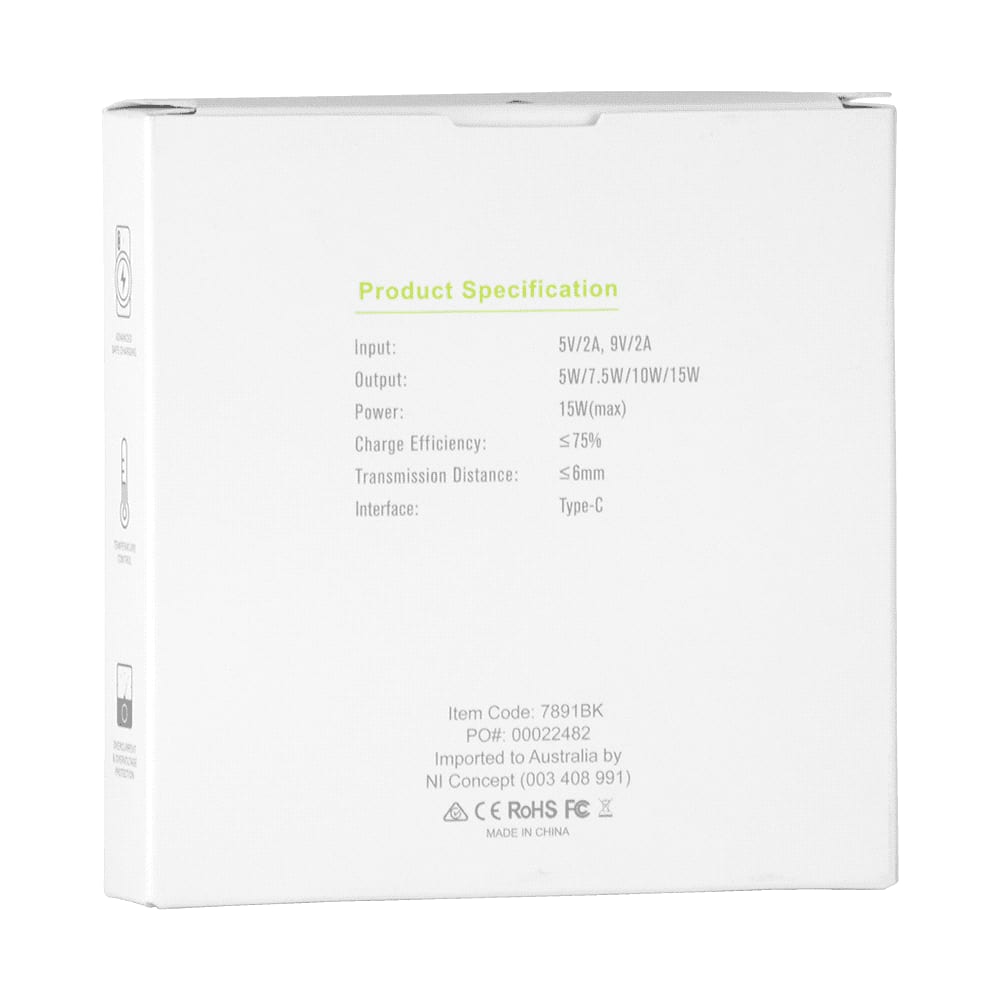 A white box containing product specifications for a QI Wireless Charger, featuring various inputs and outputs.