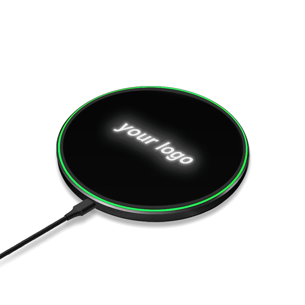 A black wireless charger with a green accent and a logo displayed on top.