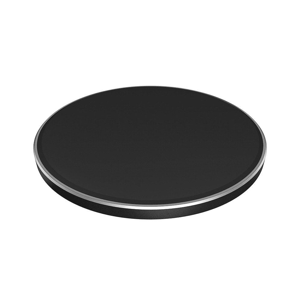 A round black QI wireless charger with a sleek design and a silver edge.