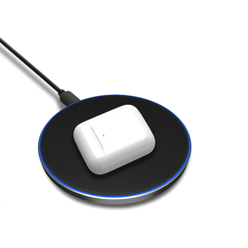 A black Qi wireless charger with a white charging case placed on top, featuring a blue light ring.