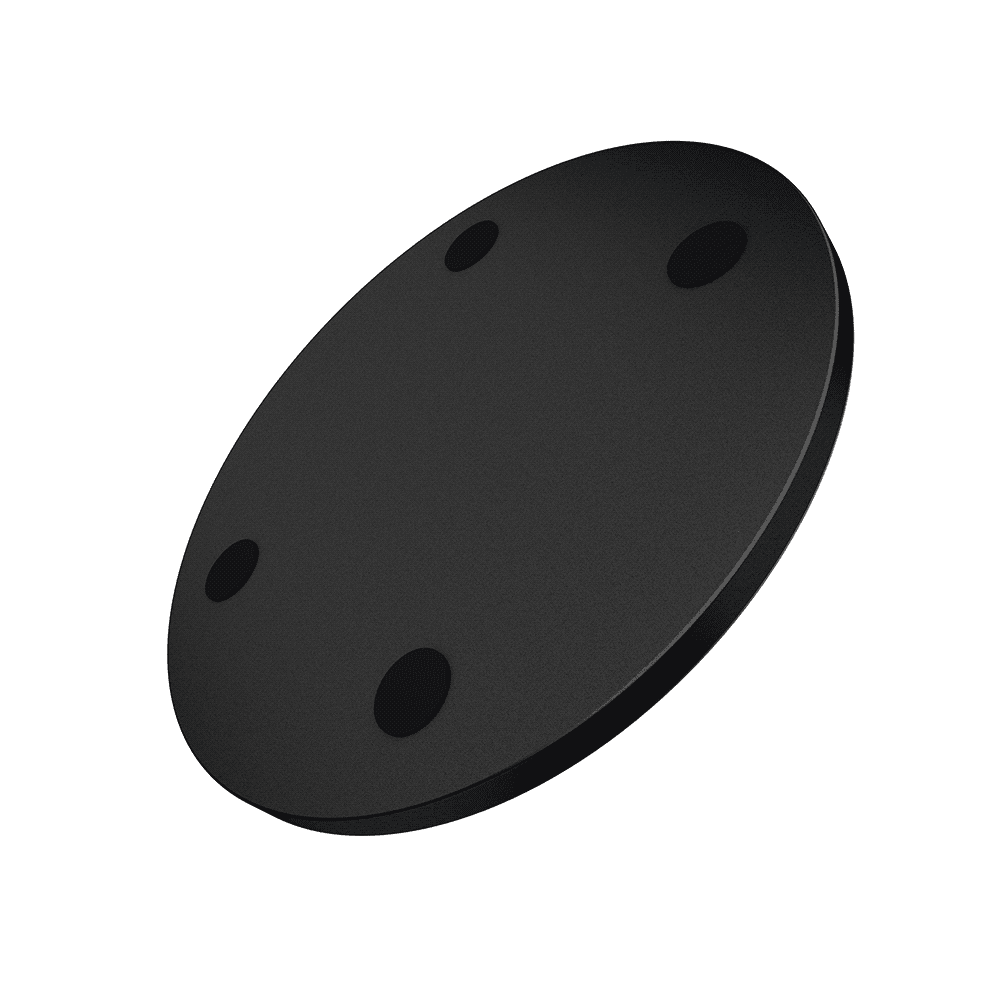 A black QI wireless charger with a sleek, circular design and four non-slip pads on the underside.