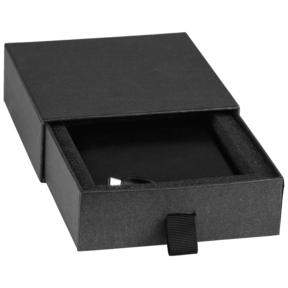 A black box containing a wireless charger with a sleek design and cushioning inside. Includes branding.