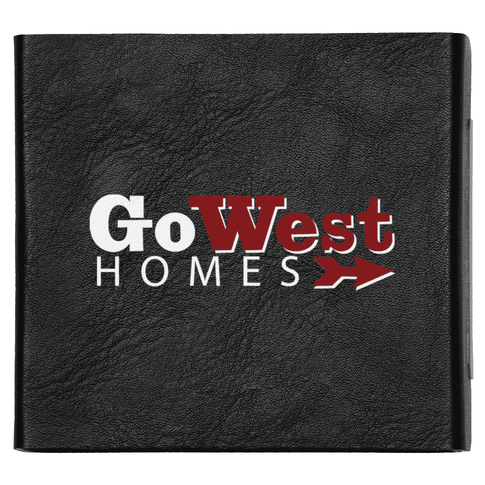 A black folder featuring a logo with the text 