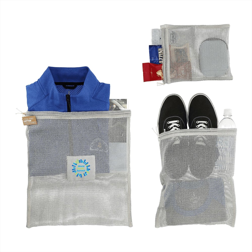Recycled cotton mesh cinch pouches in grey, containing clothing, shoes, and a drink bottle, with a logo on one pouch.