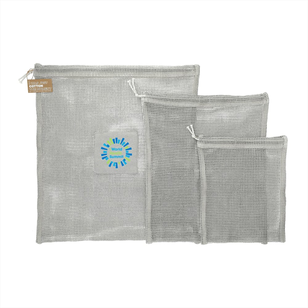 Three grey recycled cotton mesh pouches of varying sizes, one featuring a logo. Ideal for organising toiletries.