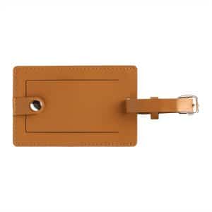 A brown bio leather luggage tag with a strap and a circular hole for attachment. It features a smooth, glossy finish.