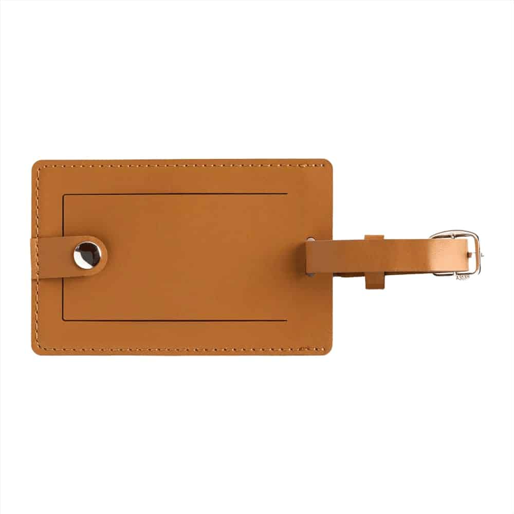 A brown bio leather luggage tag with a strap and a circular hole for attachment. It features a smooth, glossy finish.