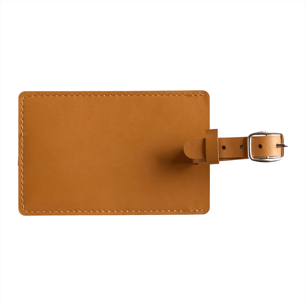 A brown bio leather luggage tag with a silver buckle and stitching detail. It features a simple rectangular design.