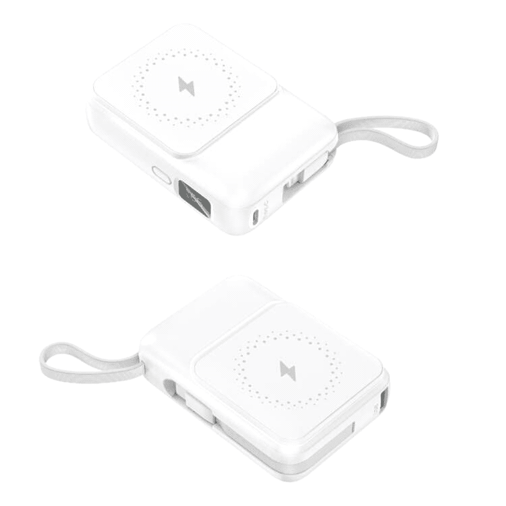 A white magnetic power bank with a keyring loop, featuring a charging port and a logo.