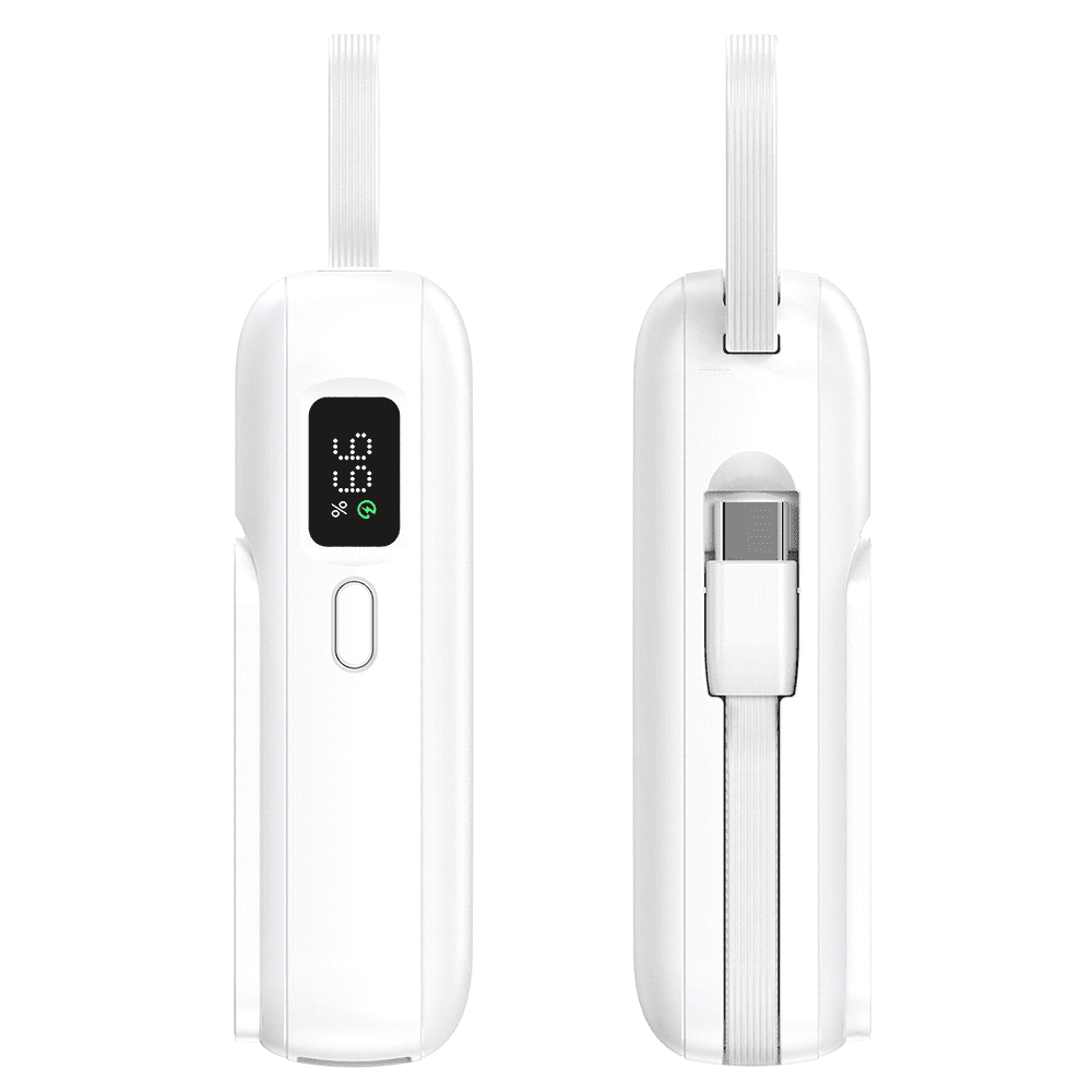 A white powerbank with a sleek design, featuring a digital display and a logo. It's compact and portable.