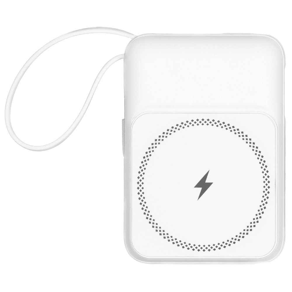 A white magnetic powerbank with a lightning symbol, featuring a sleek design and a detachable strap.