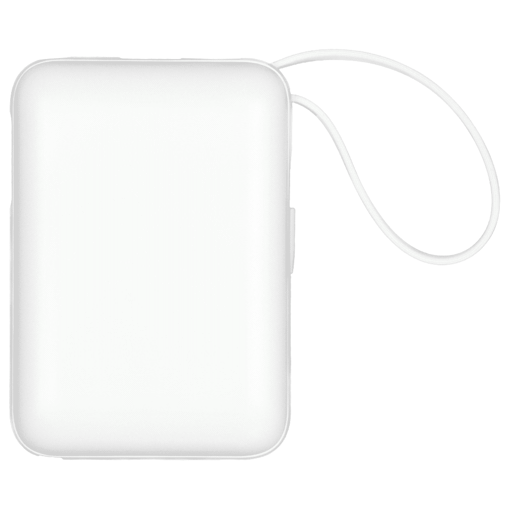 A white powerbank with a smooth surface and a loop strap, designed for charging devices on the go.