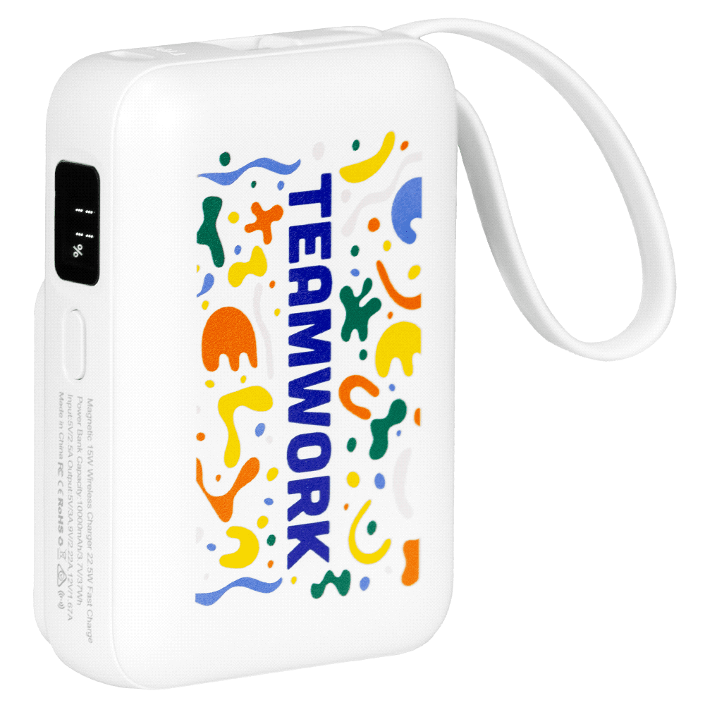 A white power bank with a colourful design featuring abstract shapes and the word 
