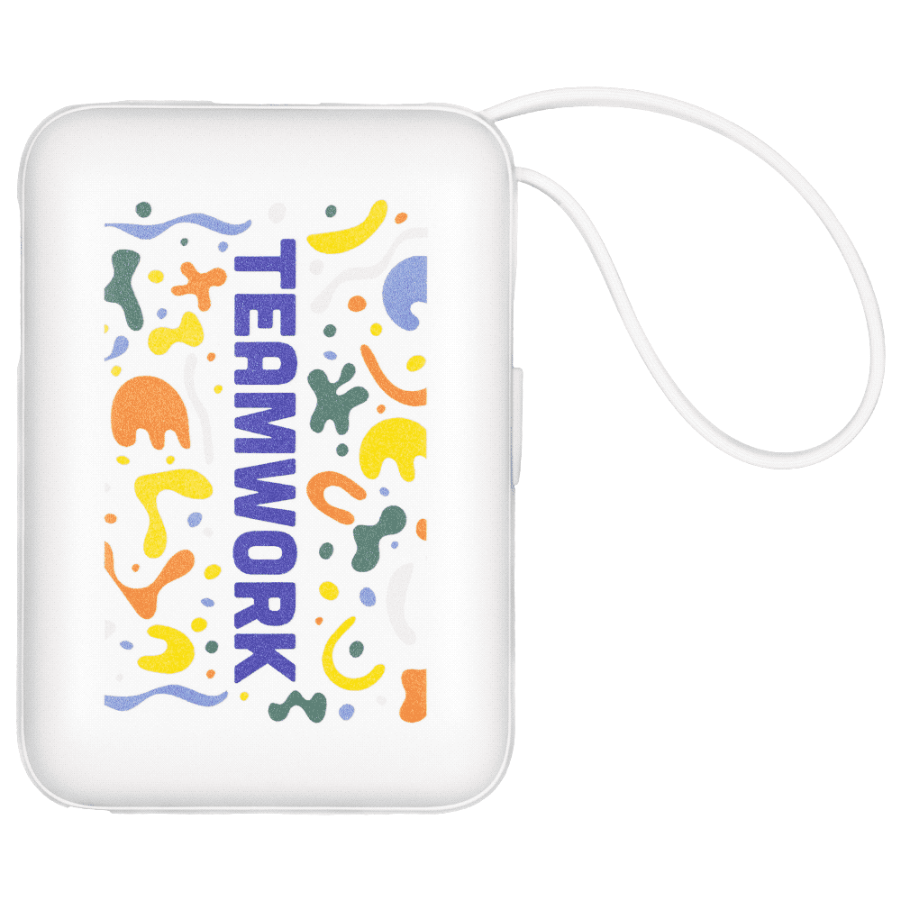 A white power bank with colourful abstract shapes and the word 