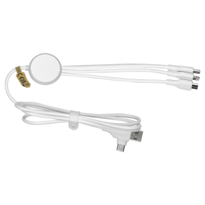 A white 120cm recycled 6-in-1 charging cable with multiple connectors and a circular logo.