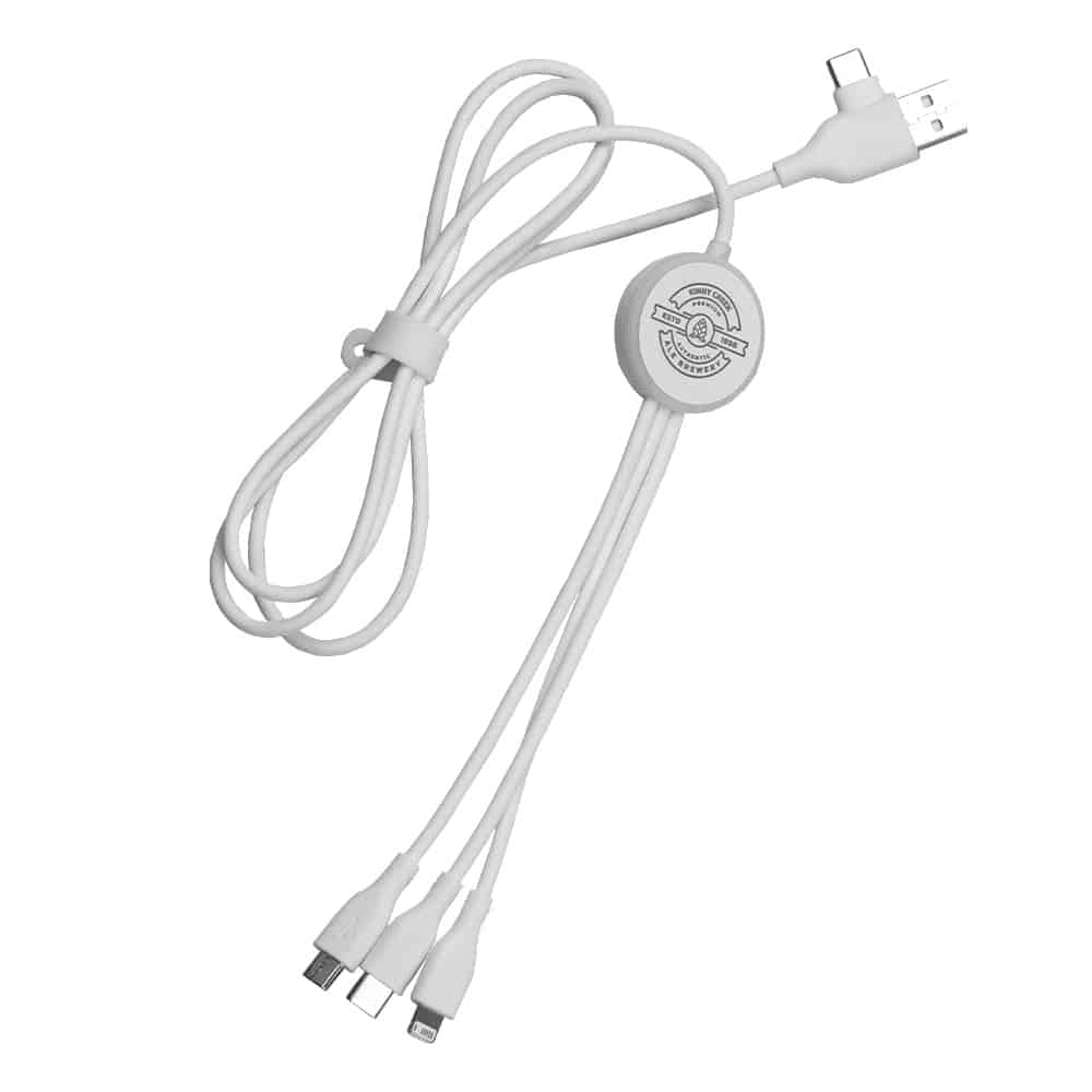 A 120cm recycled charging cable in white, featuring a round connector and multiple charging options. It includes branding.