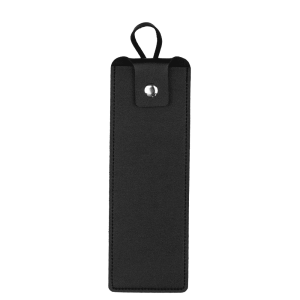 A black PU leather bag designed for cable tidying, featuring a loop for hanging and a snap closure.