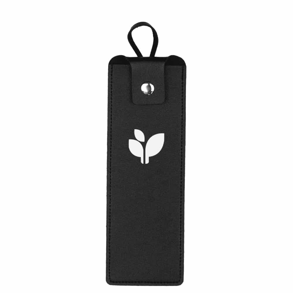 A black PU leather bag with a loop and a logo. The design is sleek and minimalistic.