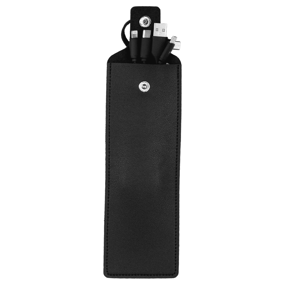 A black PU leather bag designed for cable tidying, featuring compartments for multiple charging cables and a snap closure.