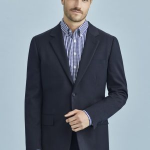 A classic men's blazer in navy with a two-button design, featuring a pocket and subtle branding.