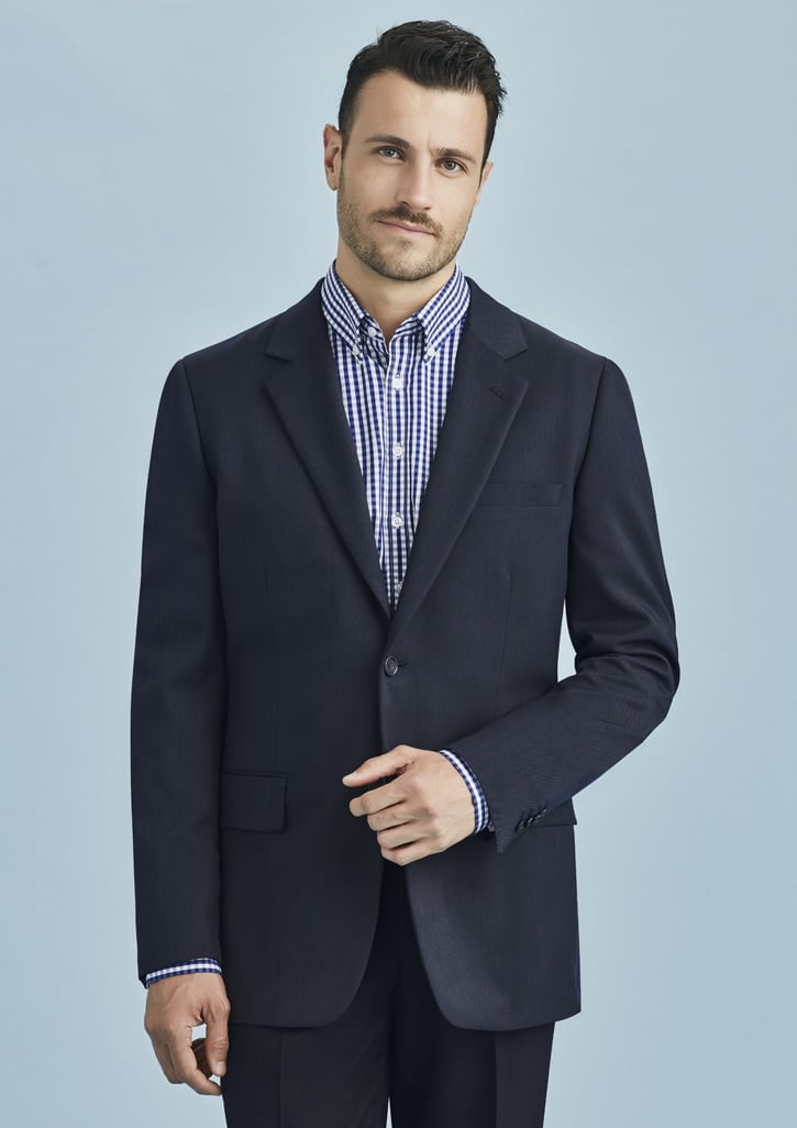 A classic men's blazer in navy with a two-button design, featuring a pocket and subtle branding.