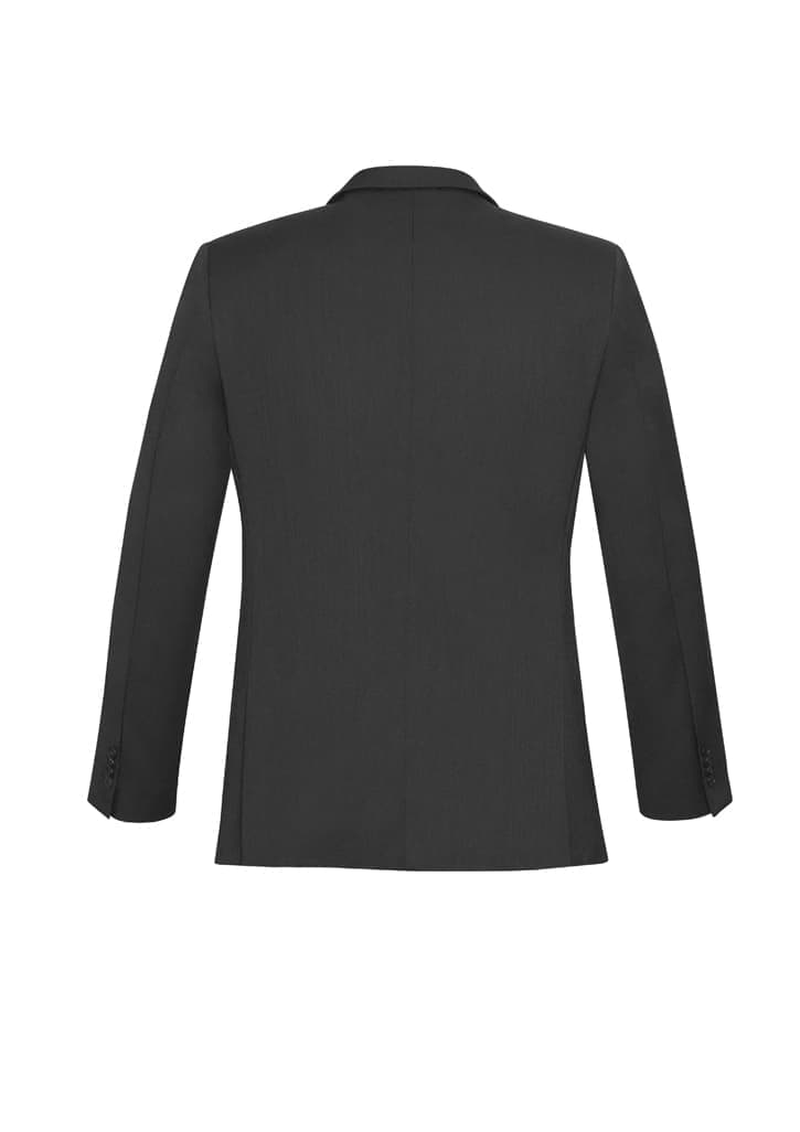 A black slimline jacket with a back view, featuring a collar and long sleeves, and includes a logo.