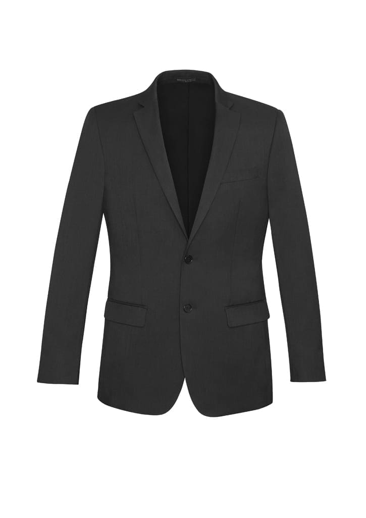 A slimline jacket in dark grey with a notch lapel, featuring two front pockets and a single button closure.