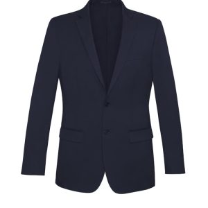 A navy slimline jacket with a single-breasted design and two front pockets, featuring a subtle logo.