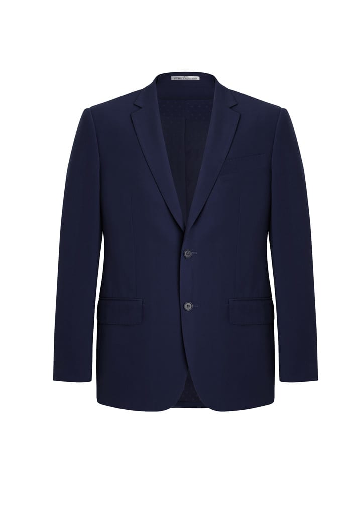 A navy blue men's blazer with a two-button front and pockets, featuring a modern tailored fit.