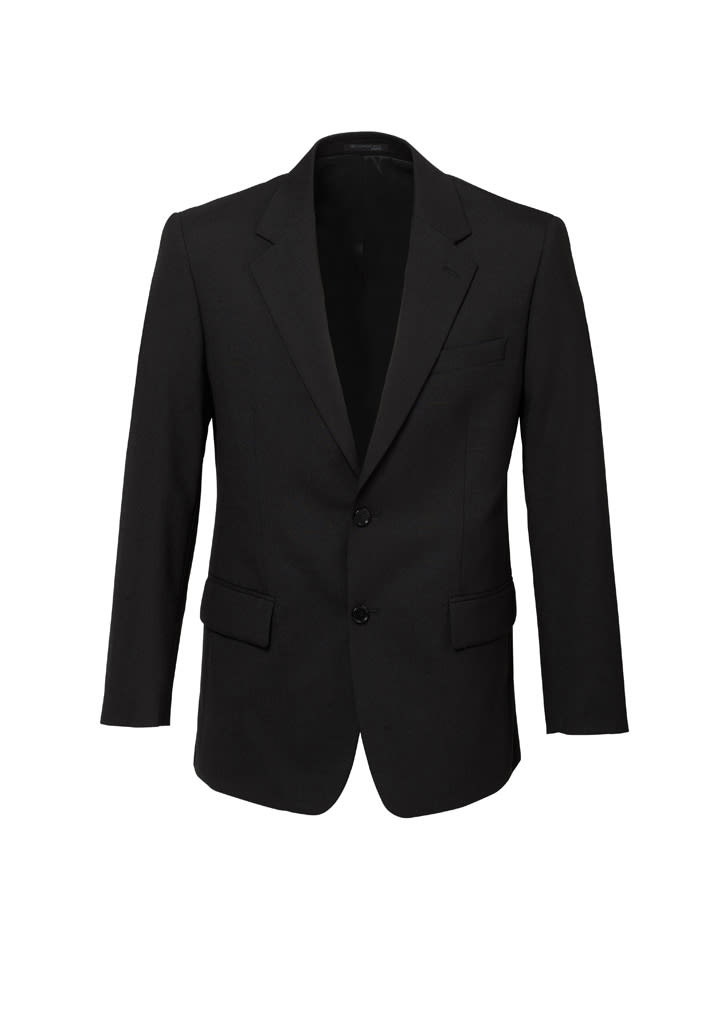 A classic black two-button jacket made from comfortable wool stretch fabric, featuring a notched lapel and pockets.