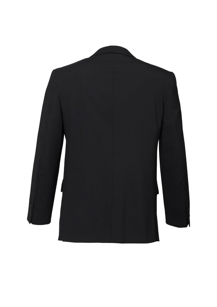 A black wool stretch blazer jacket featuring a two-button design and classic silhouette. The back has a clean finish.